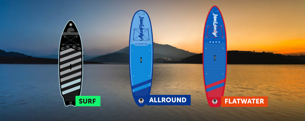 Three paddleboards for surf, allround and flat water.