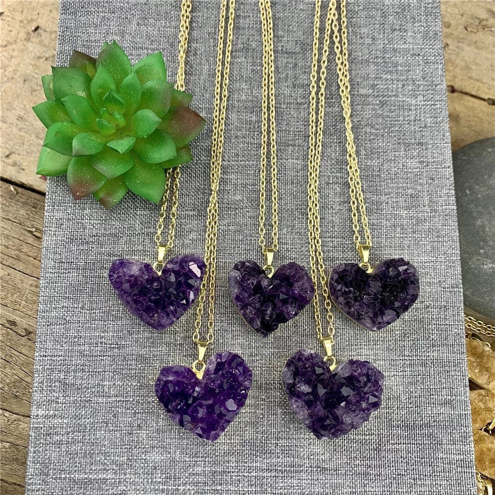 Beautiful Amethyst Cluster Heart Crystal Necklace, Raw Natural Gemstone, Citrine Statement Pendant-Couture By Lolita