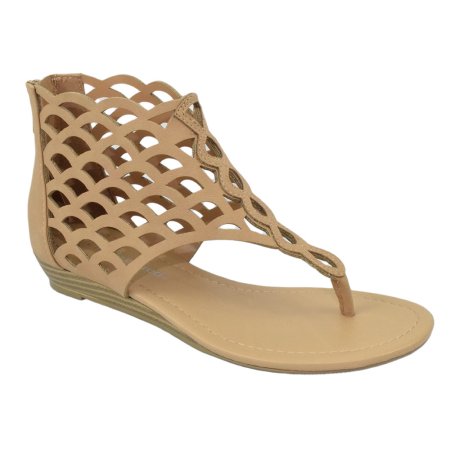 Direst: Thongs Cut Out Gladiator Short Heel Back Zipper Sandal in Tan