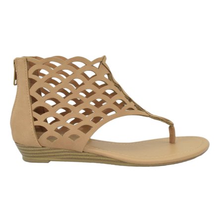 Direst: Thongs Cut Out Gladiator Short Heel Back Zipper Sandal in Tan