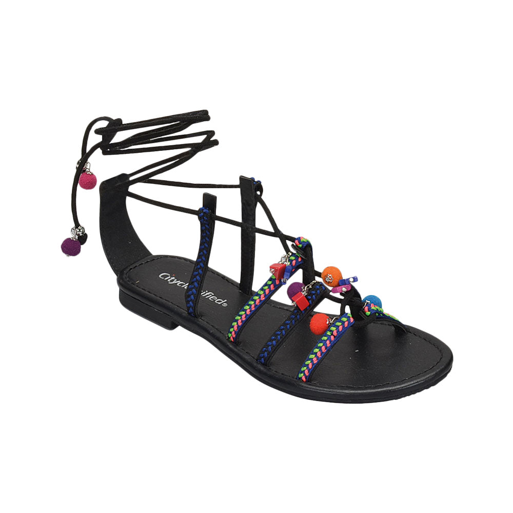 Howell: Colorful Embroidery Lace Up Sandals in Black