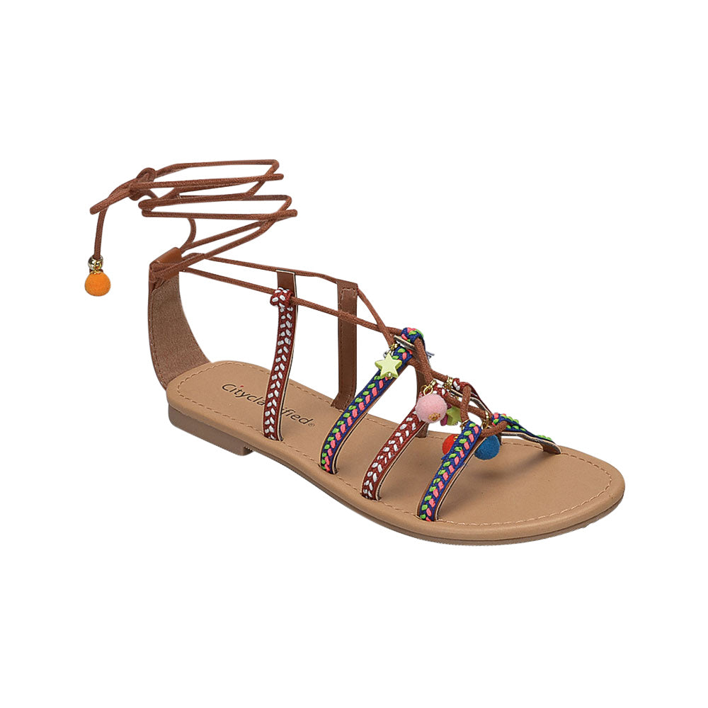 Howell: Colorful Embroidery Lace Up Sandals in Tan