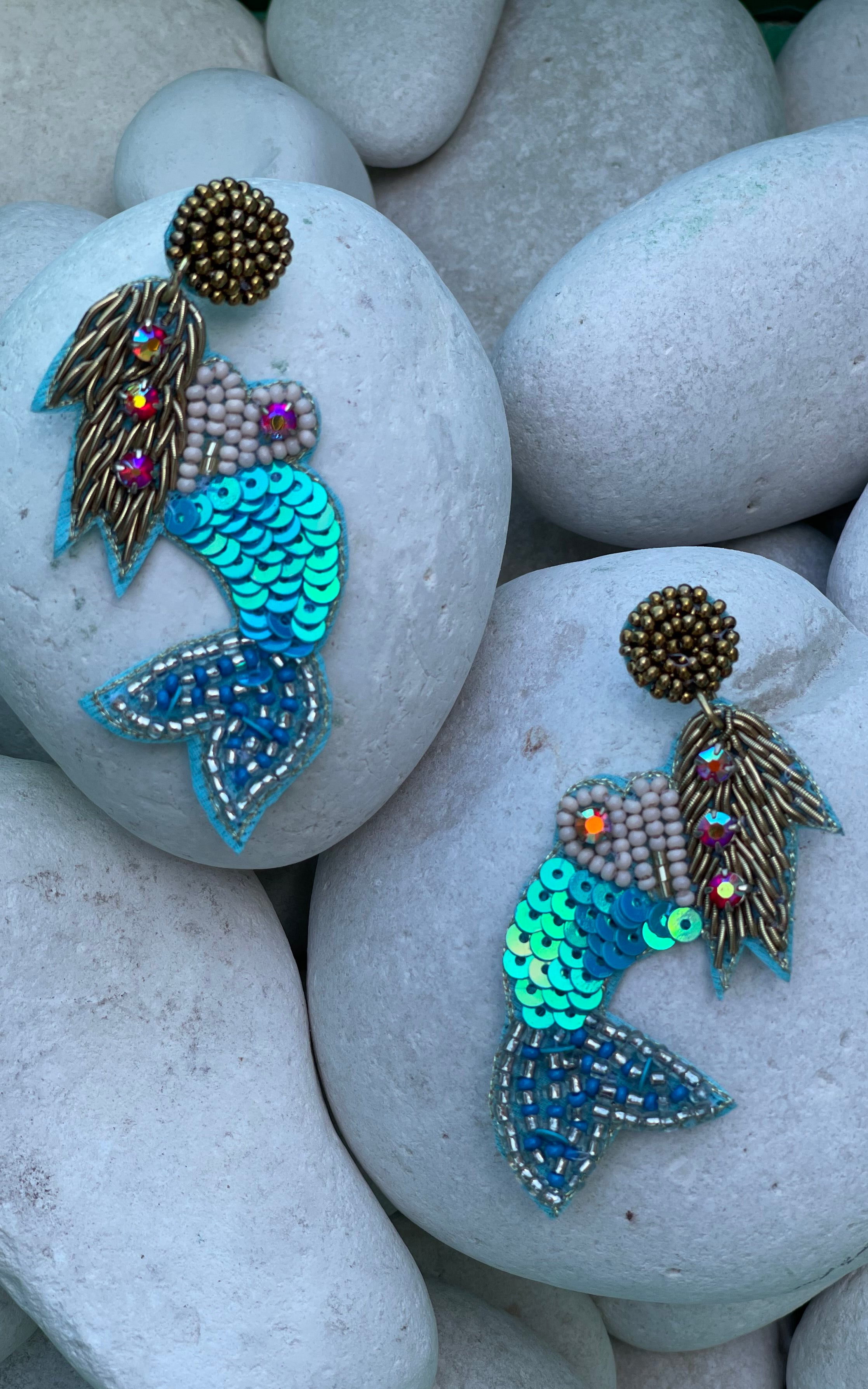 Ari: Hand Beaded w/ Sequins Mermaid Earring in Blue