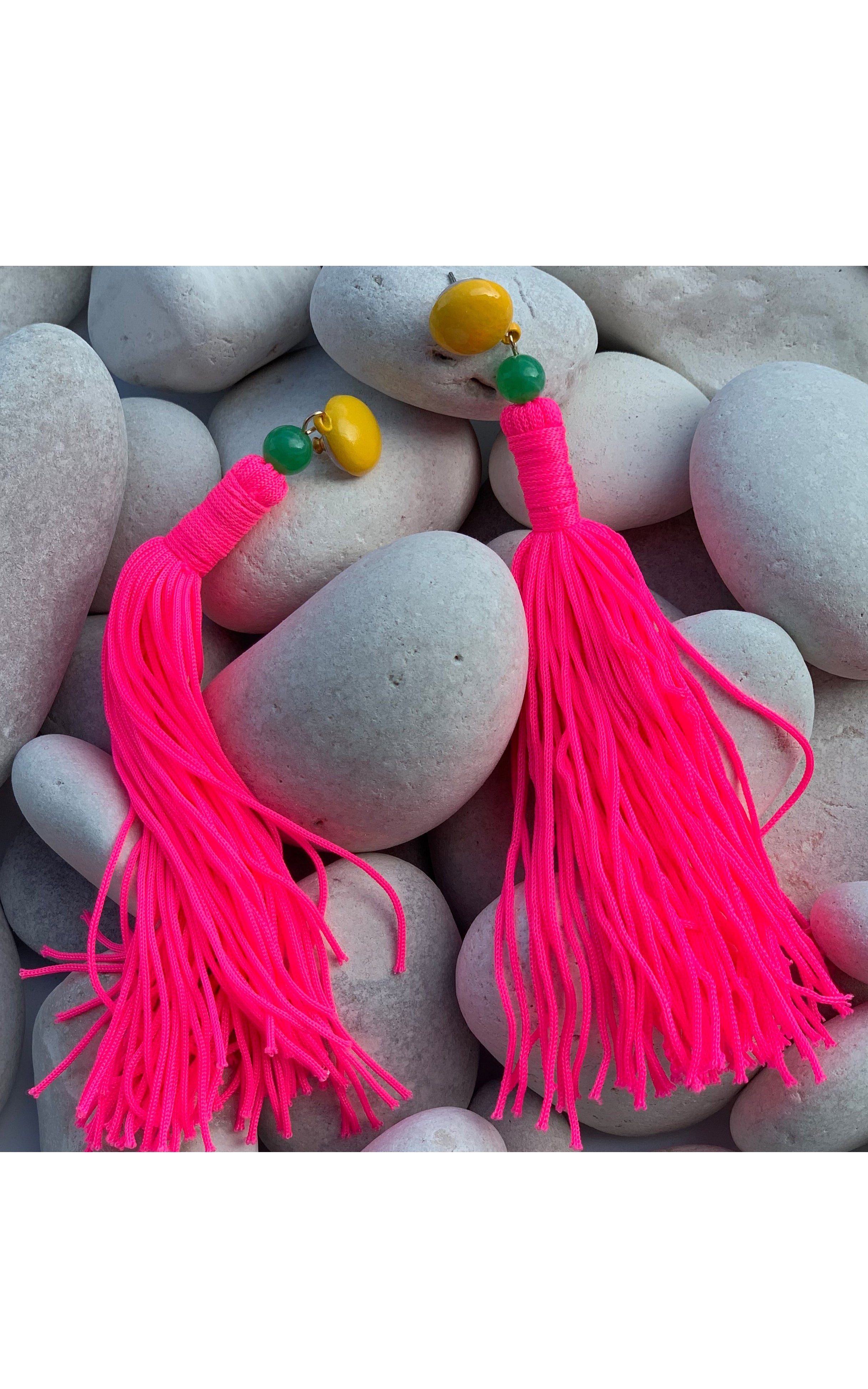 Earring: Long Tassel Earrings in Red, Royal Blue and Neon Pink