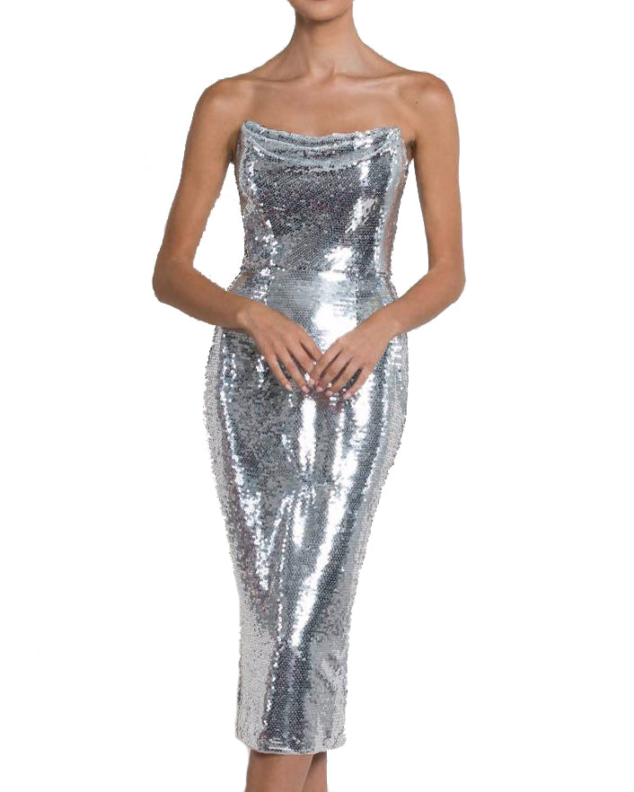 silver strapless sequin dress
