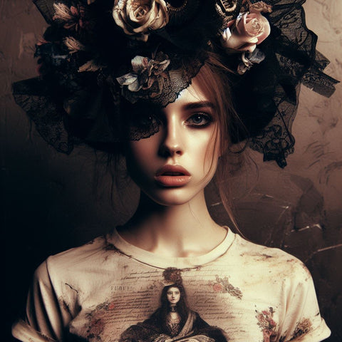 Model wearing a very elaborate and fancy Victorian hat.