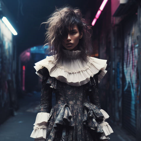 A person dressed in a style combining grunge and Victorian elements against in a suburban setting.
