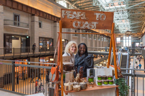 Pixie Lott with Isabella Mukasa founder of Pearl to Coast at Battersea Power Station Change a Girls Life Marketplace, hosted by Princes Trust