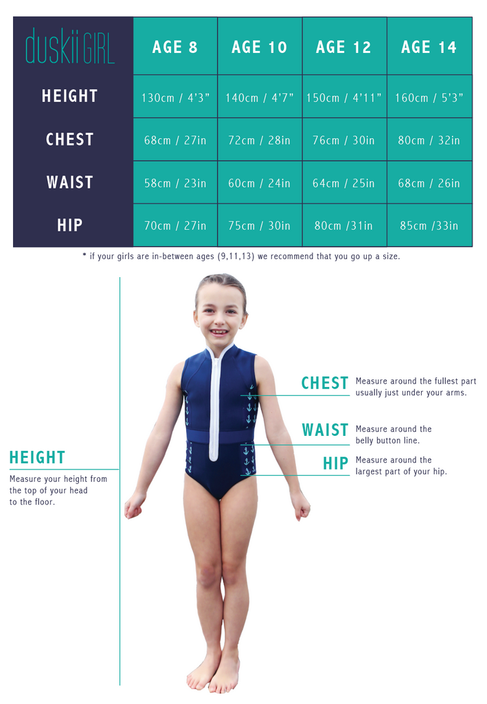 Duskii Girls Sizing Chart