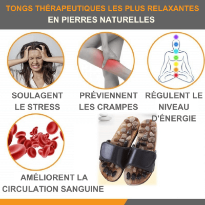 Tongs d'acupression accompagnées d'images démontrant leurs bienfaits, notamment l'amélioration de la circulation sanguine, la réduction des douleurs, l'élimination des toxines du corps, la relaxation musculaire et le rééquilibrage de l'organisme.