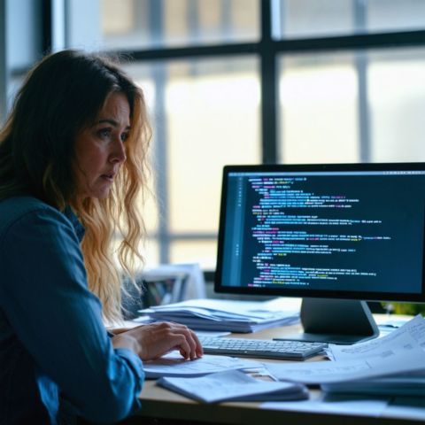 A woman in an office is confused by computer error messages.