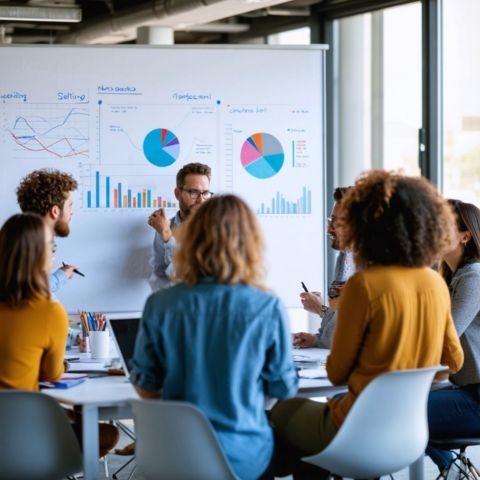 A diverse group of coworkers in a modern office discussing goal-setting strategies.