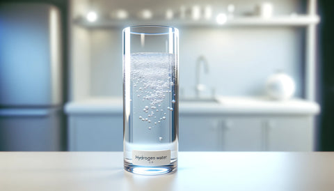 Photo of glass with hydrogen water in kitchen.