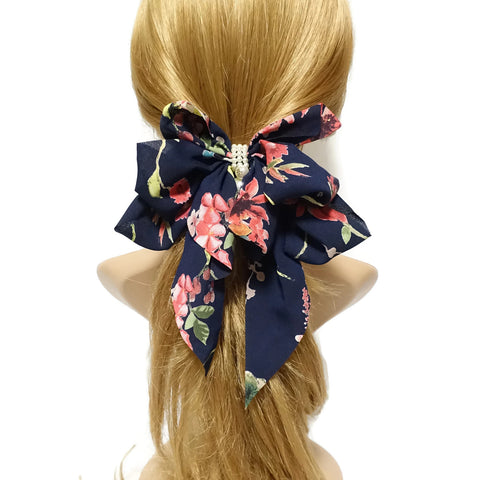 Haarspange mit langer Haarschleife aus Chiffon mit Blumendruck