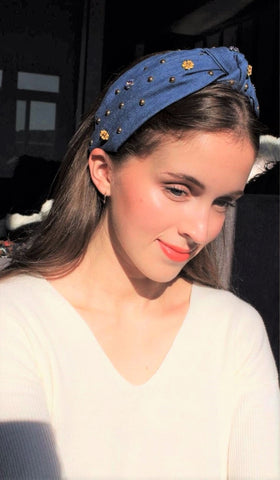 denim rhinestone embellished headband 