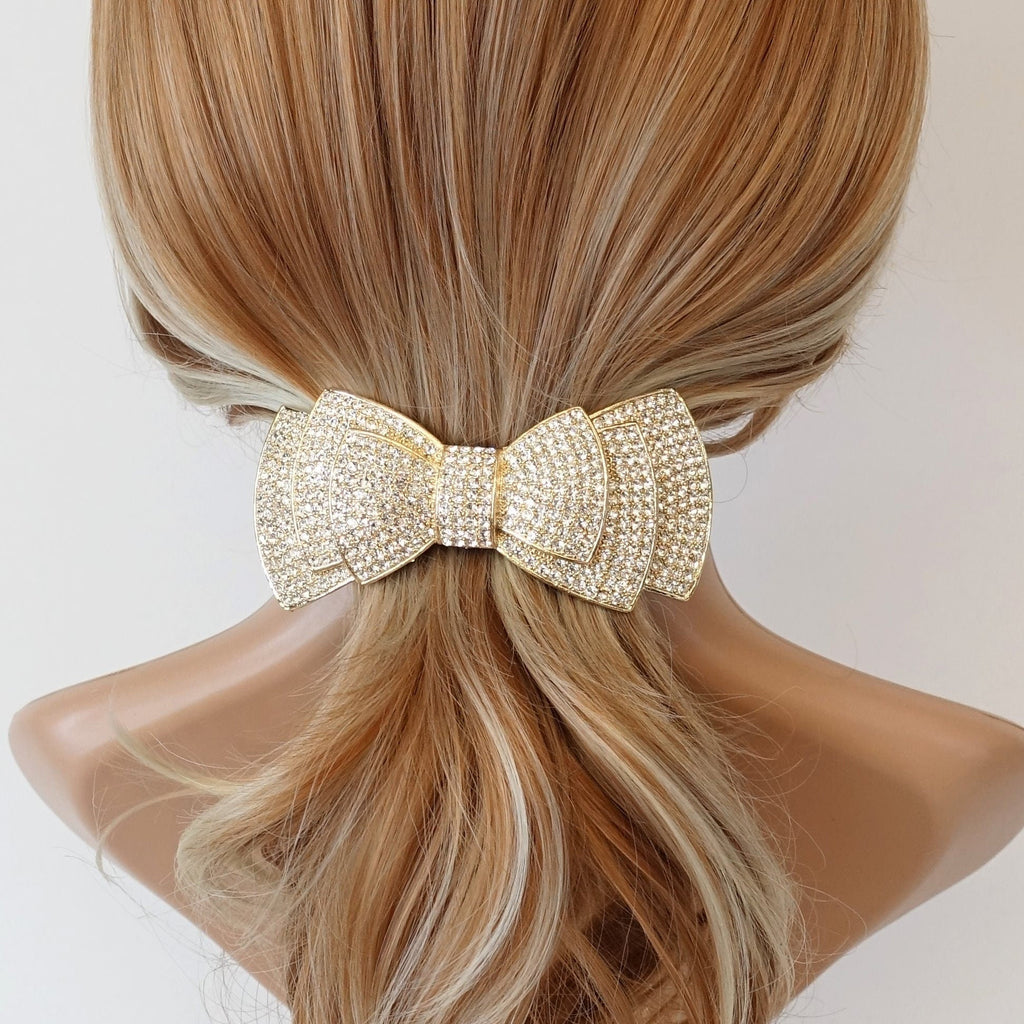 Gold Rhinestone Big Bow Tassel Hair Barrette Clip-72051CR-G