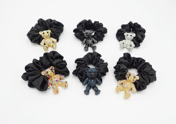 rhinestone bear hair elastic black satin scrunchies –