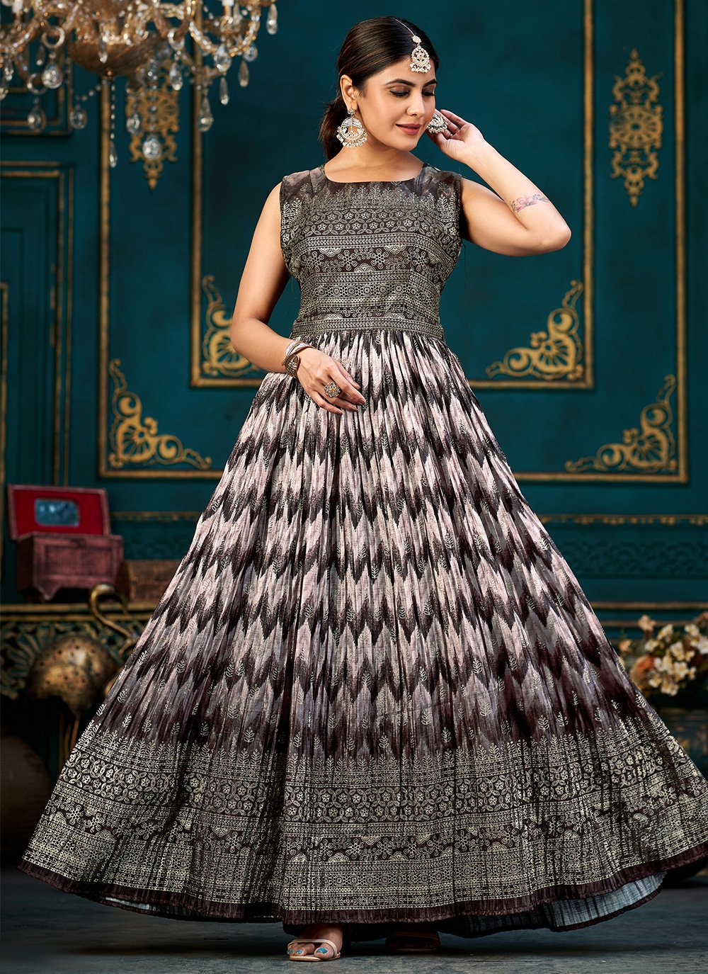 Multi Color Net Embroidered Gown - Rent