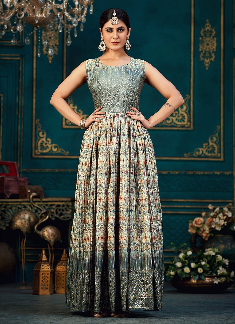 Buy Fancy Fabric Multi Colour Print Designer Gown Online : USA - Gown