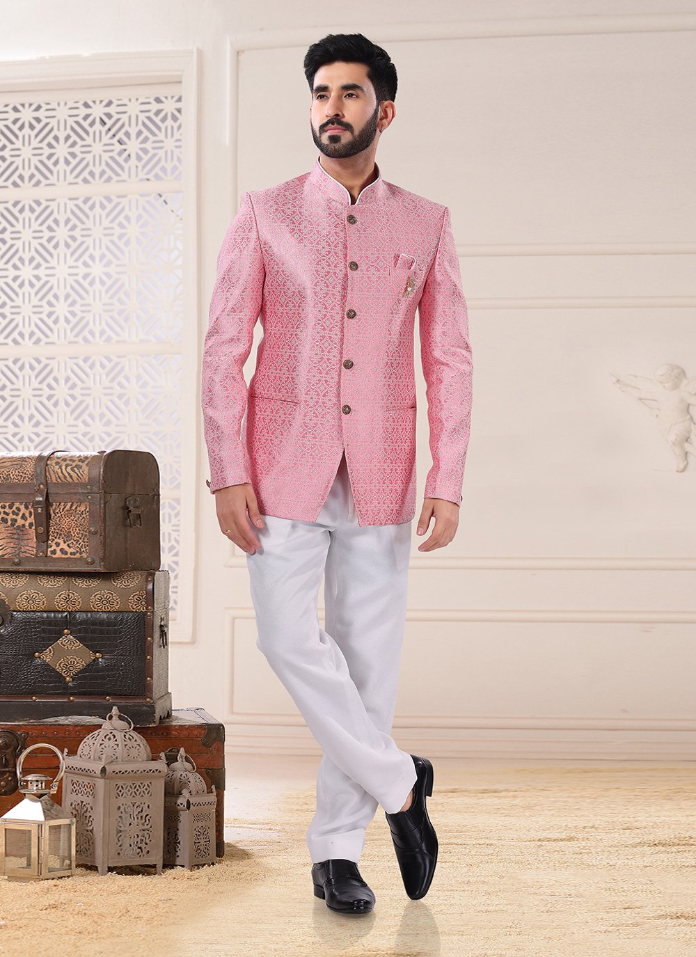 embroidered jacquard jodhpuri suit in pink 249431