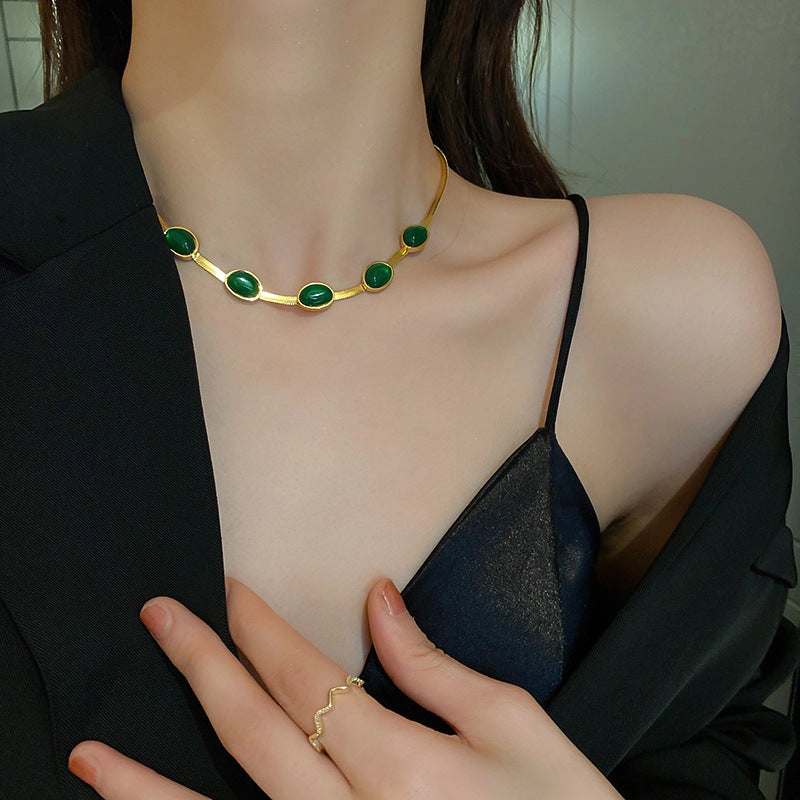 Green Stone Crystal Snake Chain Multilayer Necklace and Bracelet Set for Women