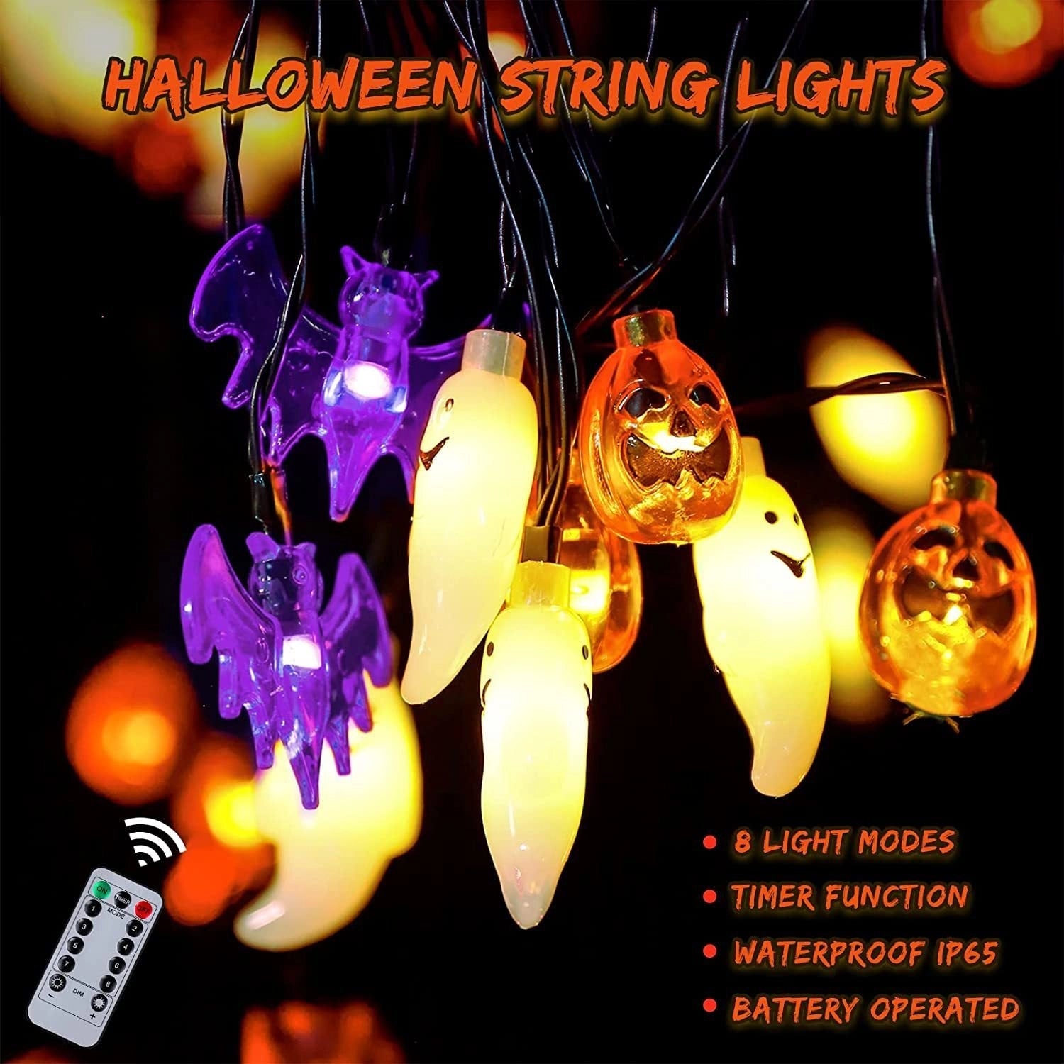LED Halloween String Lights with Pumpkin, Spider, Bat, and Skull Designs
