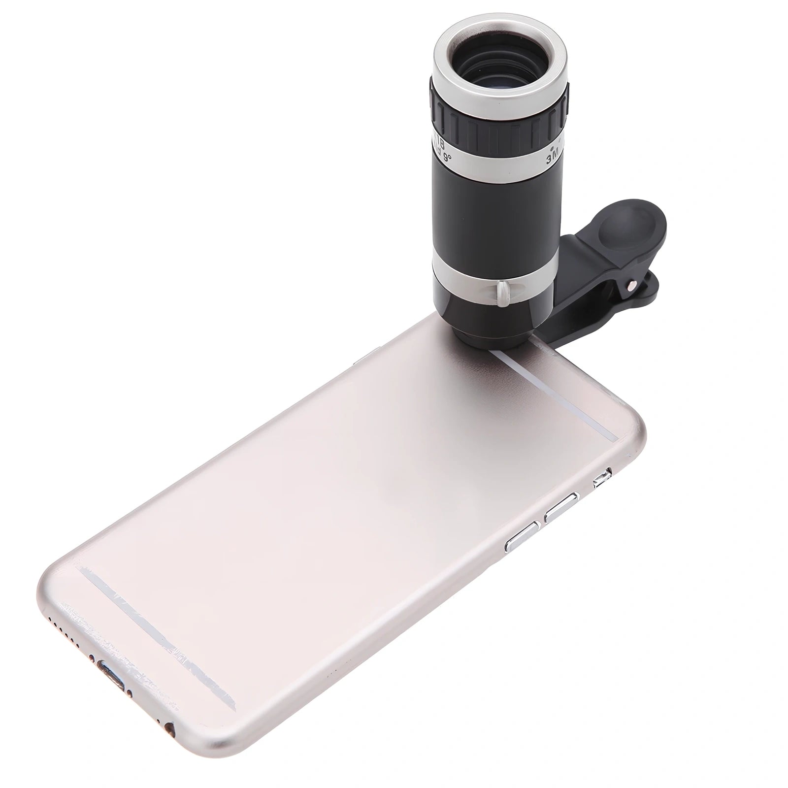 Silver 8x optical telescopic lens for phones, 1.2x7 inches, clips on for 240-yard magnification views