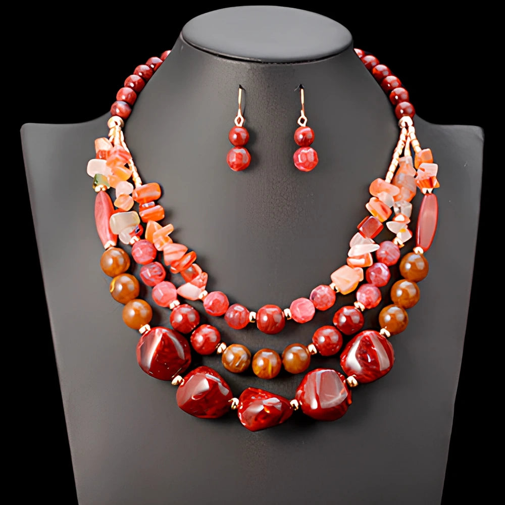 African beads jewellery set in black with 45cm plastic bead necklace and 5cm round earrings on zinc alloy