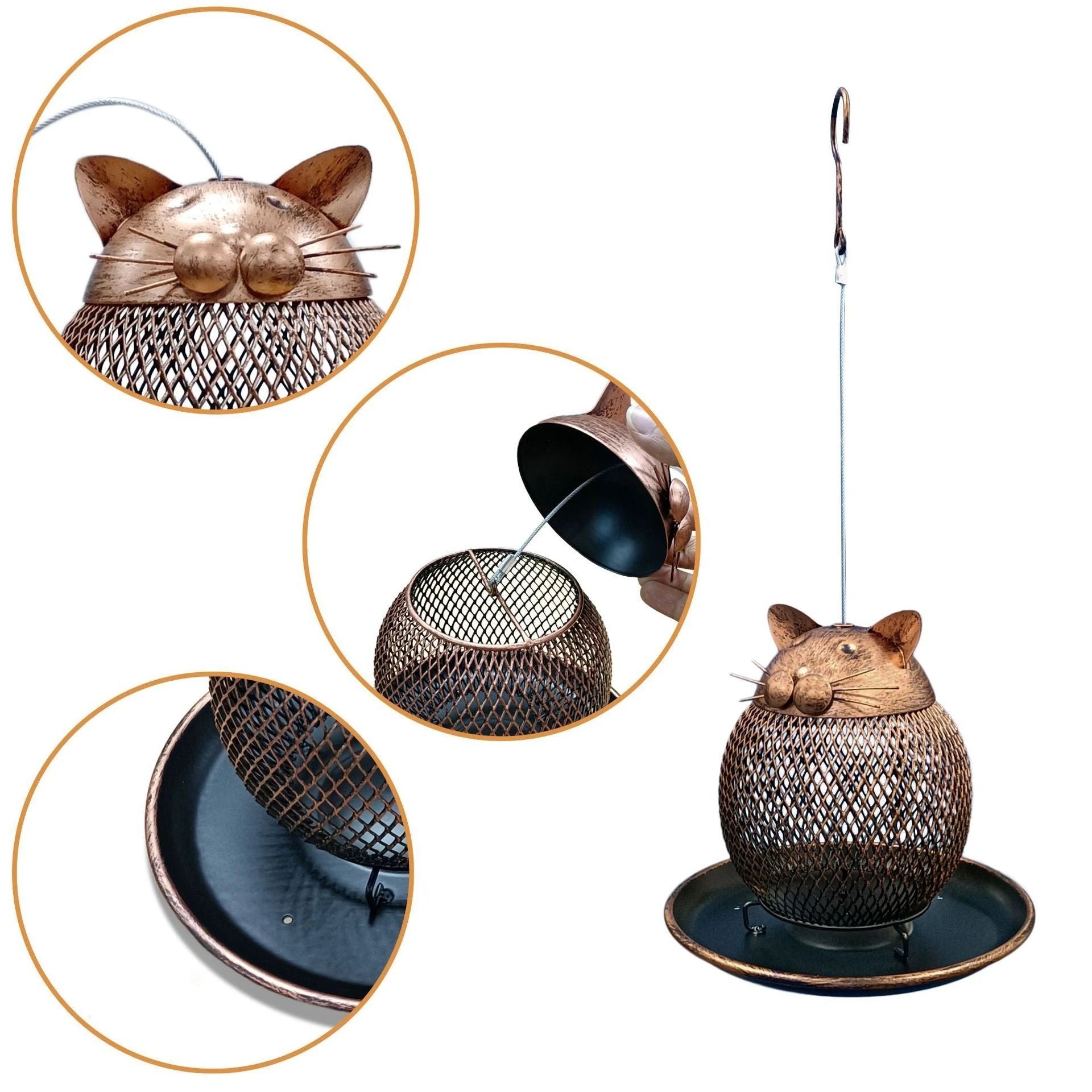 Vintage Cat Shaped Iron Bird Feeder with Mesh Design