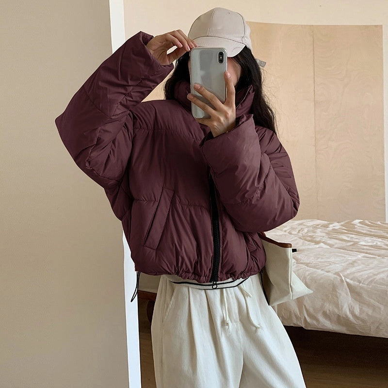 Stand Collar Short Cotton-padded Coat for Women with Slim Fit Design