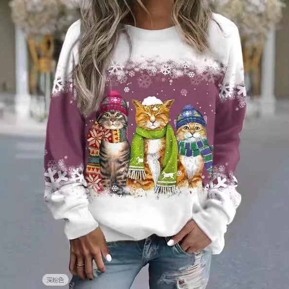 Women's Christmas Snowman and Cat Print Long Sleeve T-shirt in Loose Fit