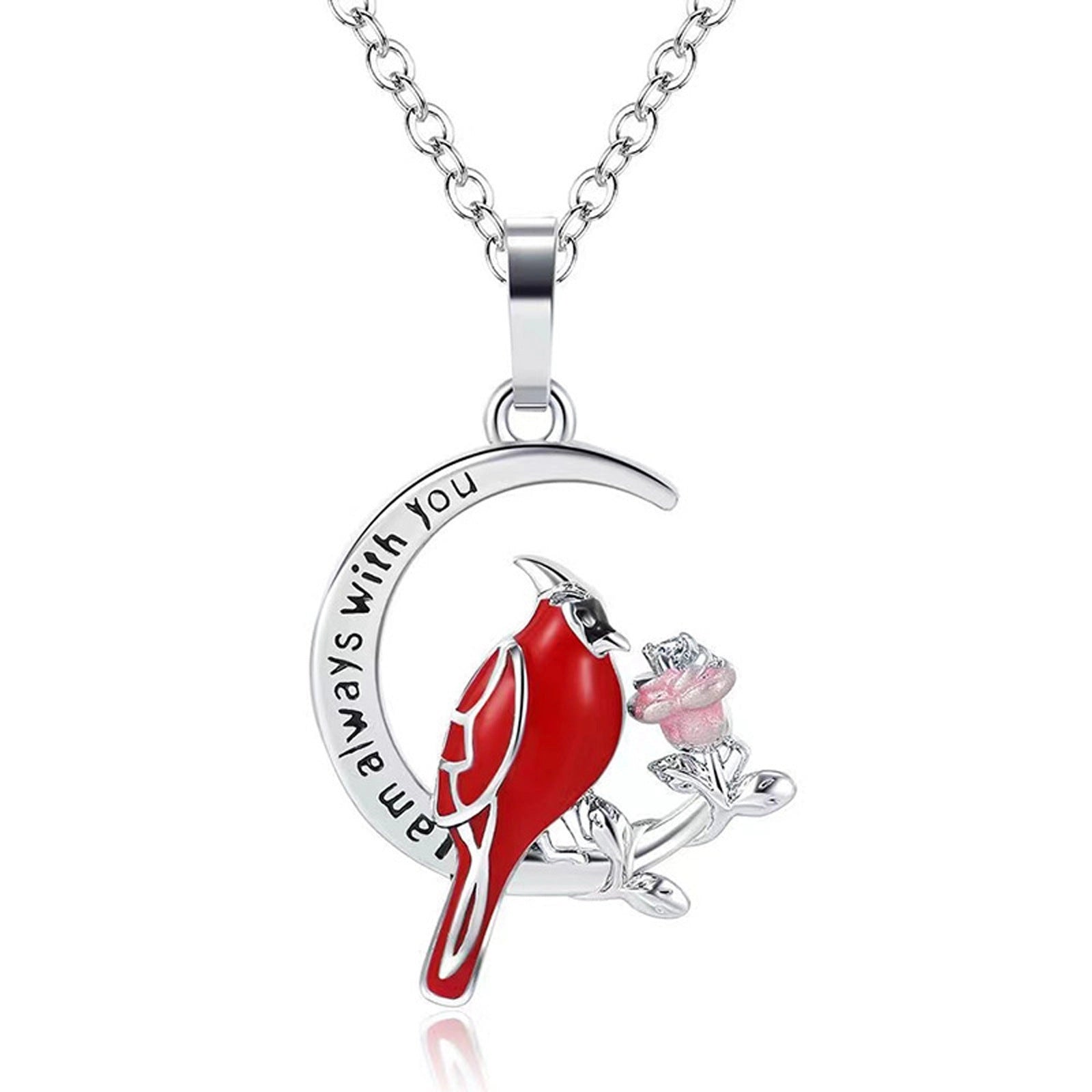 Heart Shaped Cardinal Pendant Necklace, Silver Water Wave Chain