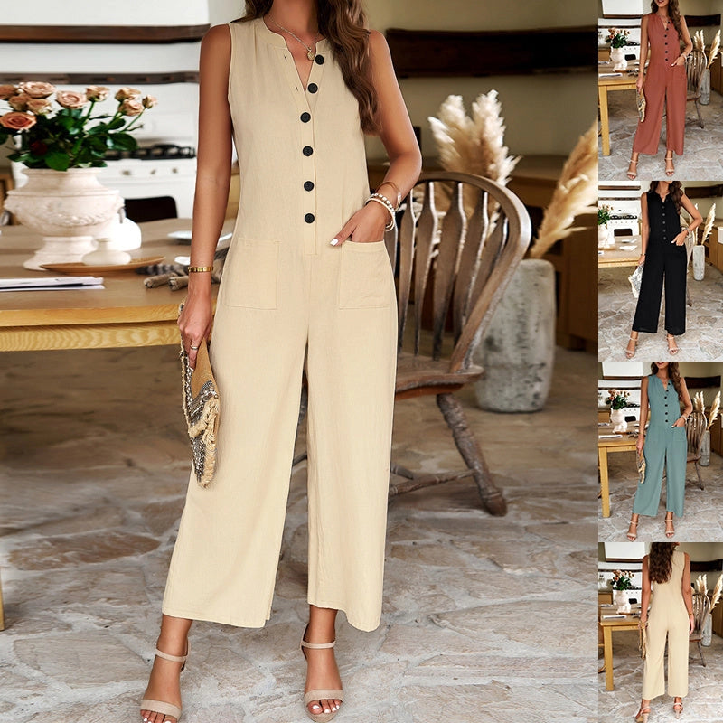 Sleeveless jumpsuit with button design and wide-leg pants for women