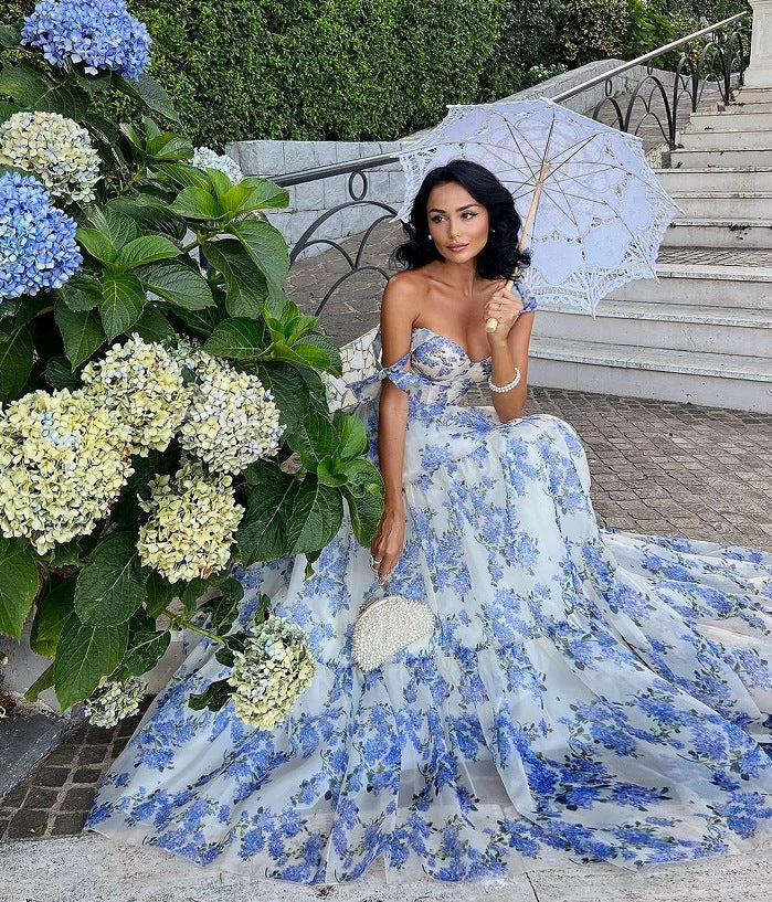 Floral Off-the-shoulder Organza Dress with Lace-up Detail