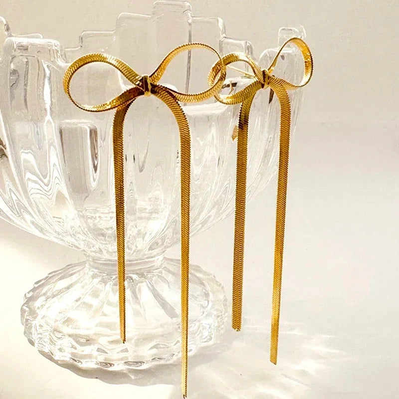 Hypoallergenic 18k Gold Plated Herringbone Bow Earrings