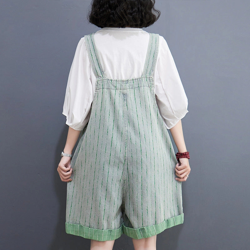 Striped Denim Overalls Shorts with Adjustable Straps