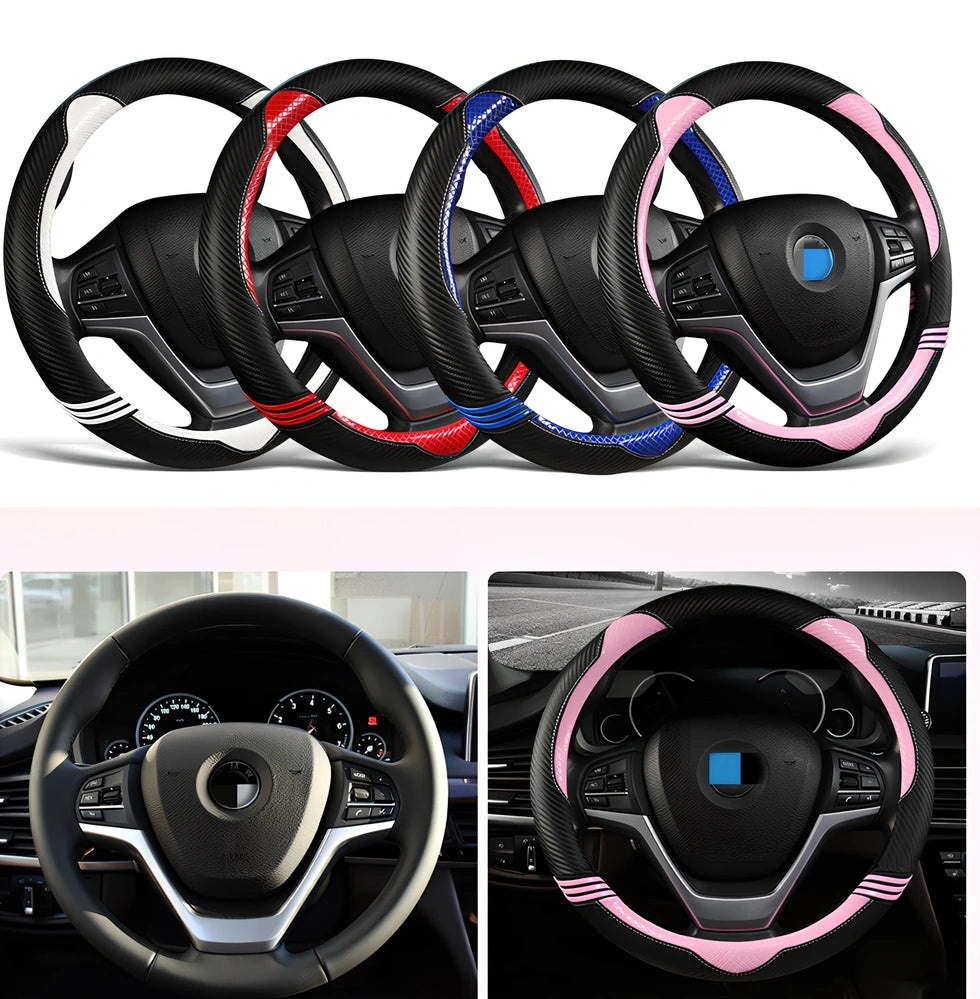 Cute cat steering wheel cover in carbon fibre black with blue accents for 38cm diameter, imitation leather material