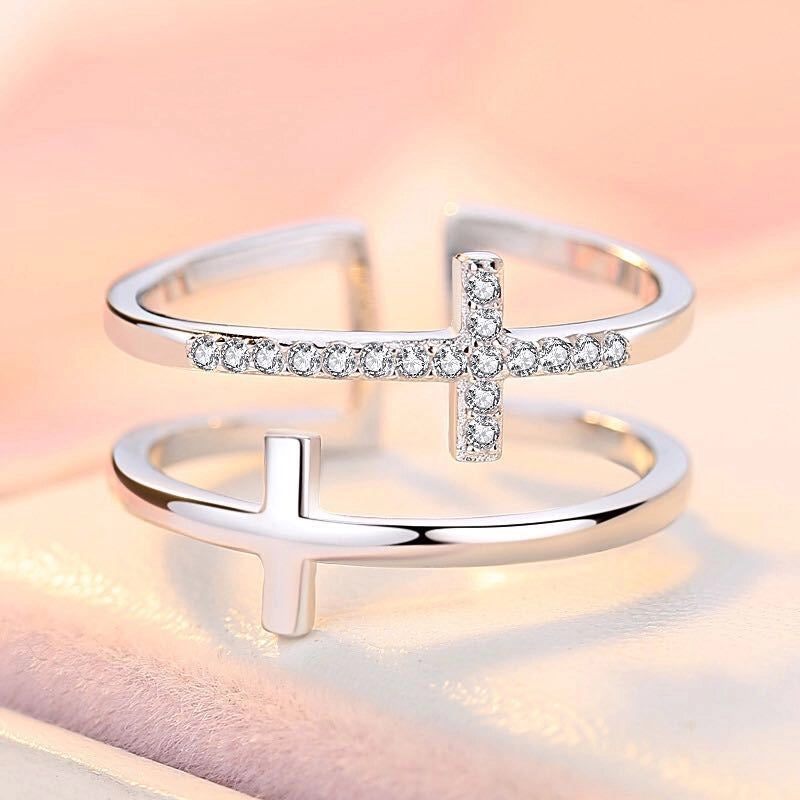 Double Cross Miniature Copper Inlaid Zircon Ring with Adjustable Opening