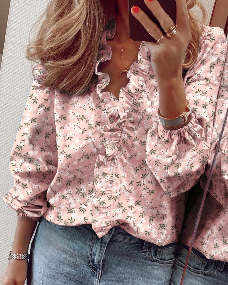 European and American new long-sleeved ruffled shirt Women casual top