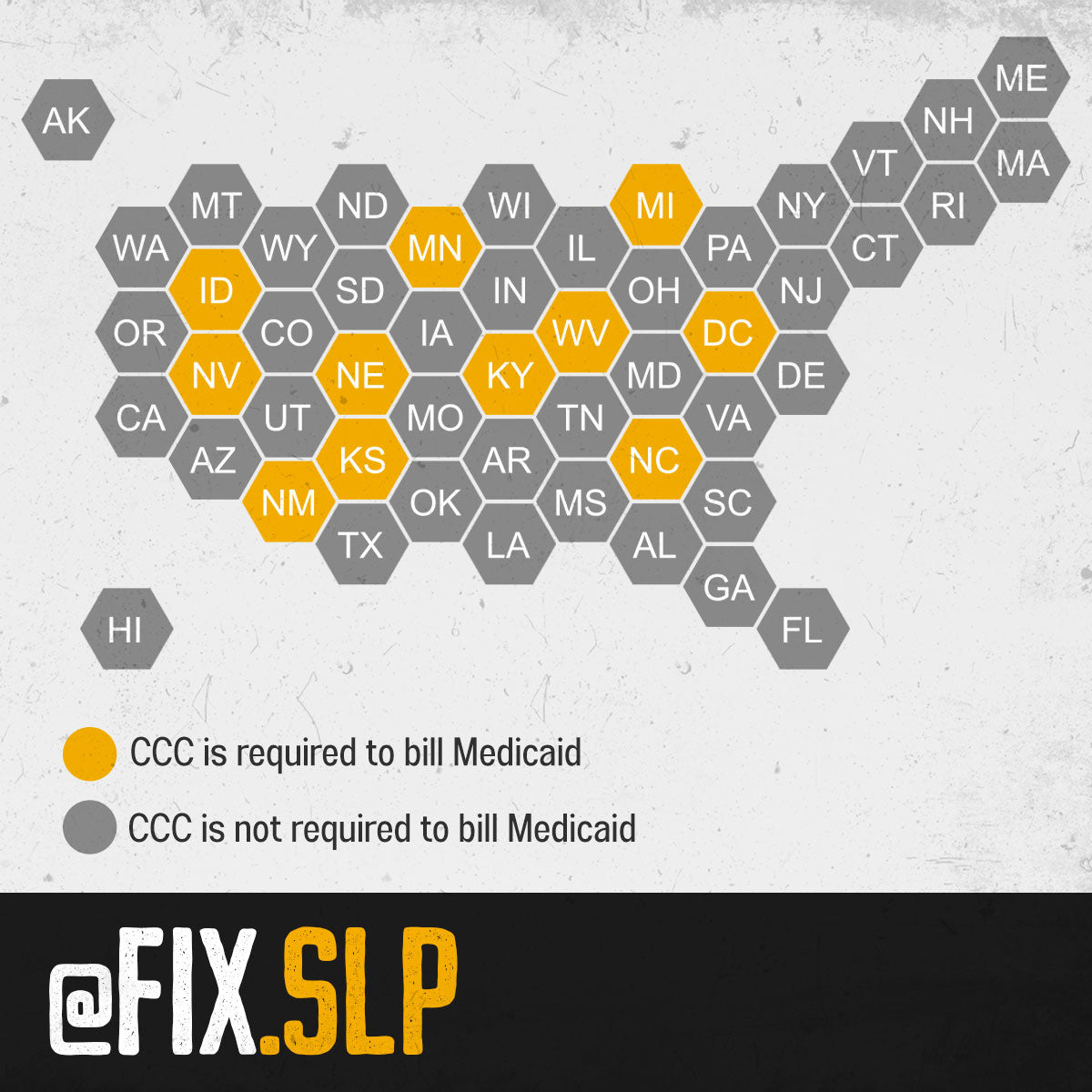 SLP Medicaid billing regulations by state organized in hexagonal map format.