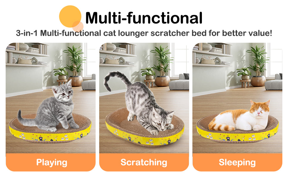 Cat Scratcher Play Lounge and Sleep Bed, Oval Corrugated Cardboard, Training for Furniture Protection Your Cat Will LOVE