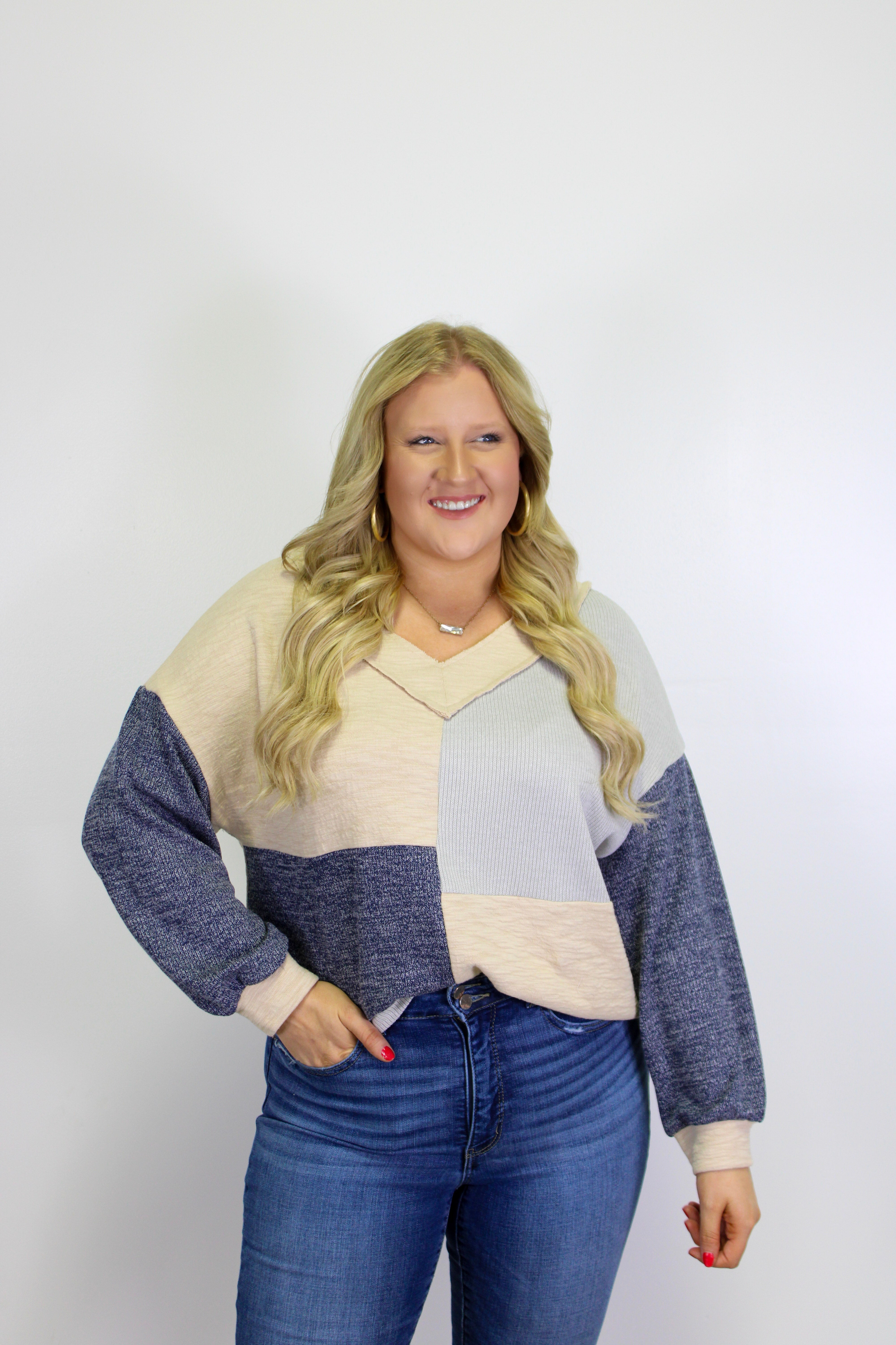 Blue Plus Size Patchwork Top RTS