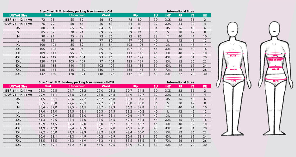 Size Chart for Binders, Packing Underwear and Swimwear
