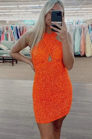 Mini-robe moulante orange à sequins