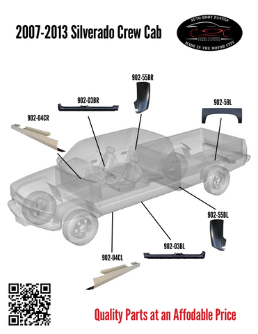 2007-2013 Silverado Crew Cab displayed with Classic 2 Current Fabrication products highlighted: floor pans and rocker panels are marked in red, indicating areas of replacement or restoration. The vehicle is showcased in a clear, well-lit setting, emphasizing the specific parts available for this model.