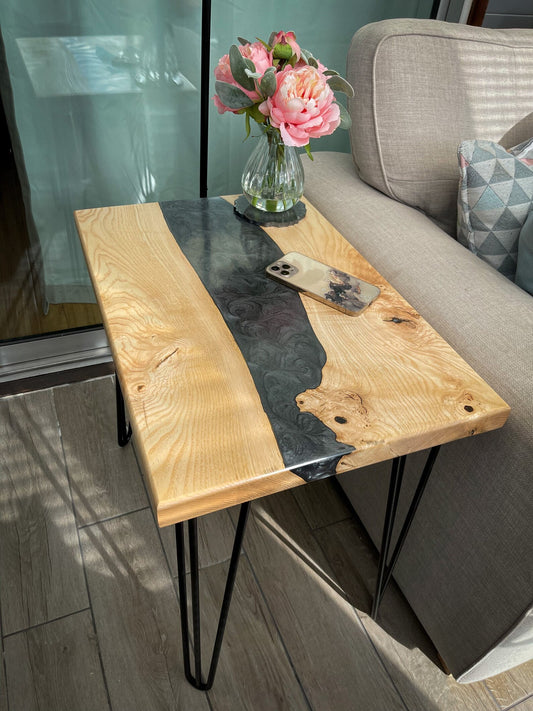 Oak Wood and Black Epoxy Resin River Side Table – orchardprojectco