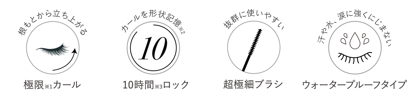 根もとから立ち上がる 極限※1カール カールを形状記憶※2 10時間※3ロック 抜群に使いやすい超極細ブラシ 汗や水、涙に強くにじまない ウォータープルーフタイプ