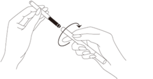図のように、カートリッジをアイライナー ホルダー(別売)先端部に差しこみ、ホルダーを右に最後まで回し、セットしてからお使いください。