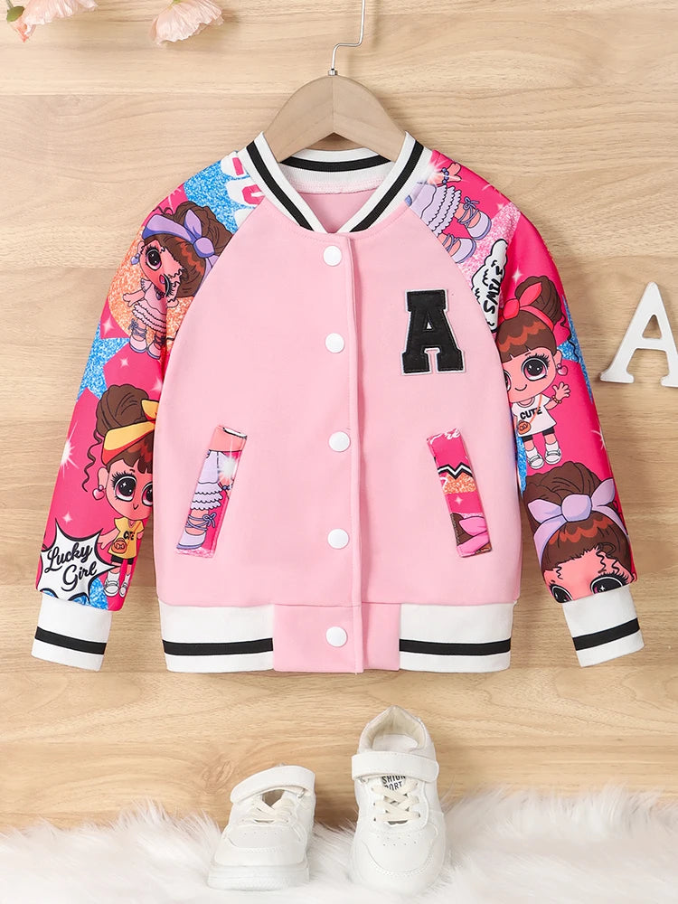 "A" Pattern and Cartoon Doll Print Kids Girls Jackets