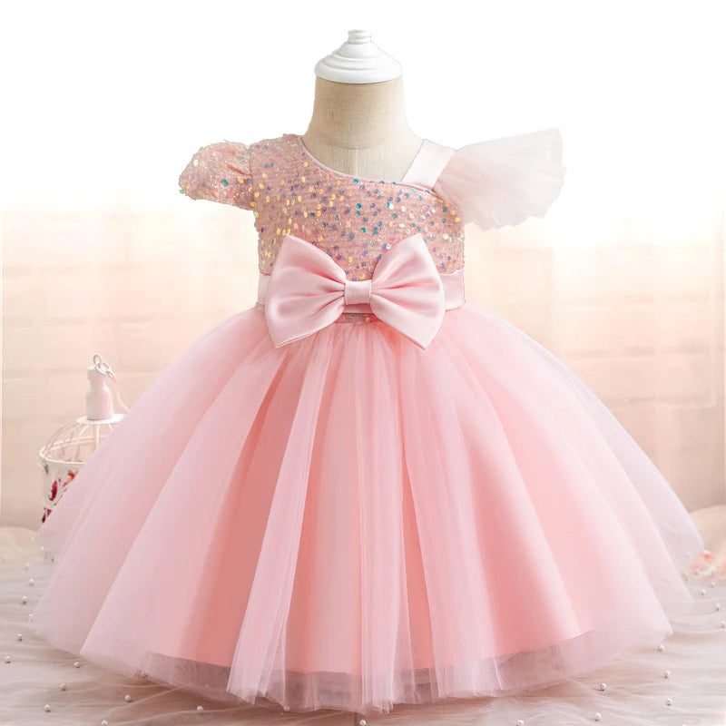 Toddler/Baby Girls Sequin Bow Design Tulle Bridesmaid Gowns